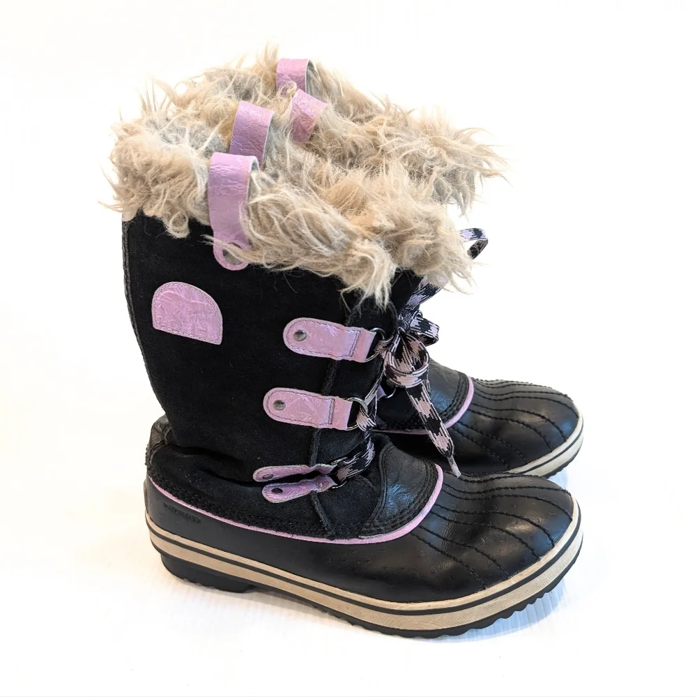 SOREL Youth Joan Of Arctic Black Purple Lace-up Winter Boots Fur Trim Size 6